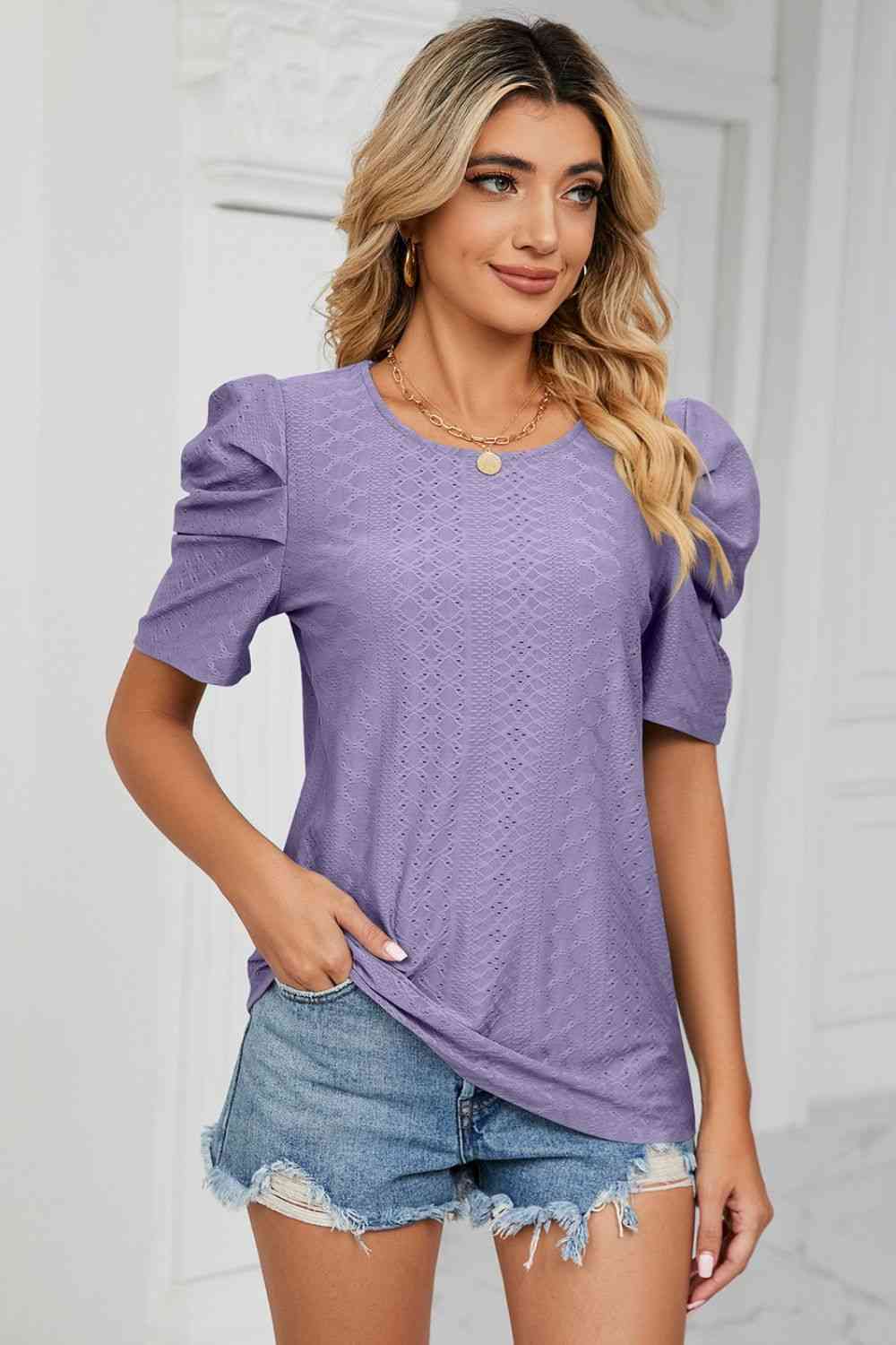 Eyelet Puff Sleeve Round Neck Blouse - Ladyez