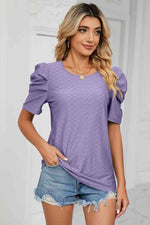 Eyelet Puff Sleeve Round Neck Blouse - Ladyez