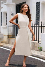 Round Neck Tie Belt Slit Sleeveless Sweater Dress - Ladyez