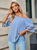 Asymmetrical Neck Sheer Striped Flare Sleeve Blouse - Ladyez