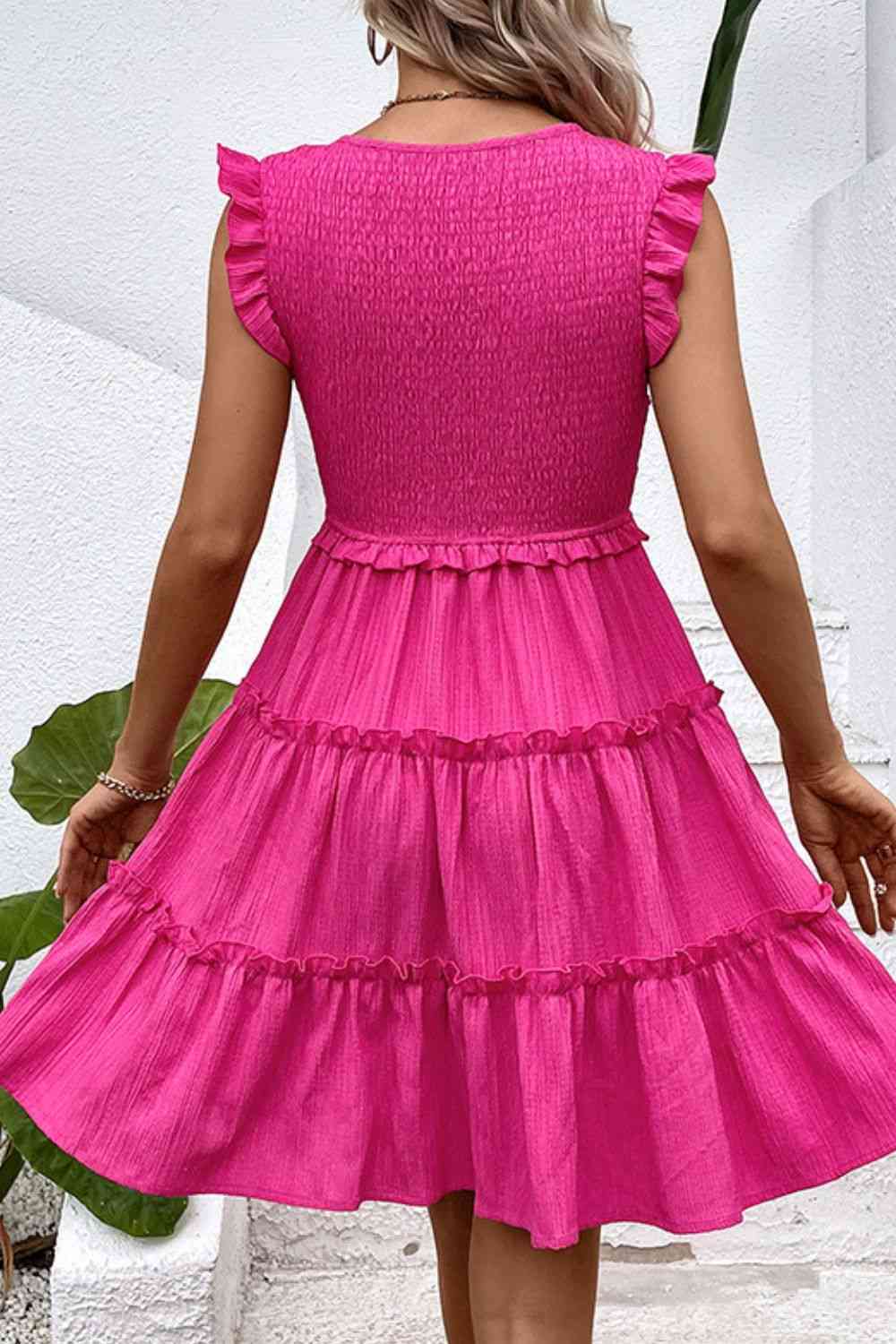 Smocked Frill Trim Deep V Dress - Ladyez
