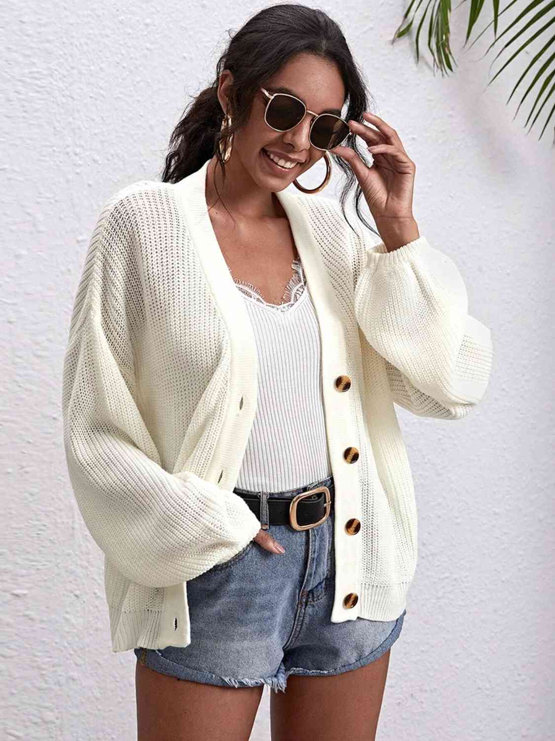 Button Down Dropped Shoulder Cardigan - Ladyez
