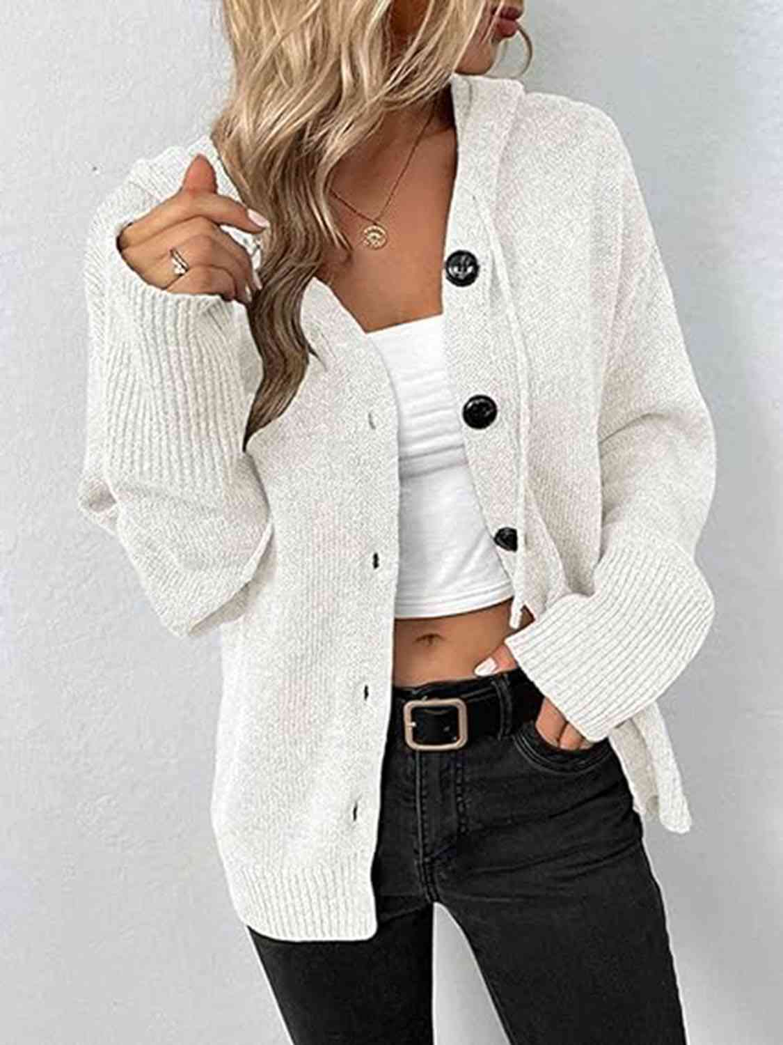 Button Up Drawstring Long Sleeve Hooded Cardigan - Ladyez
