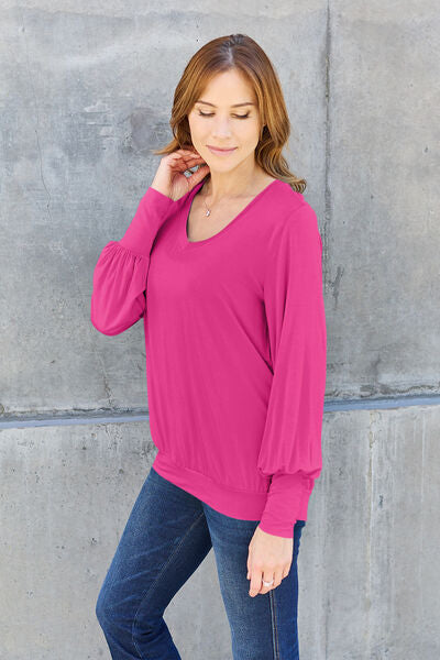 Basic Bae Full Size V-Neck Lantern Sleeve Blouse - Ladyez