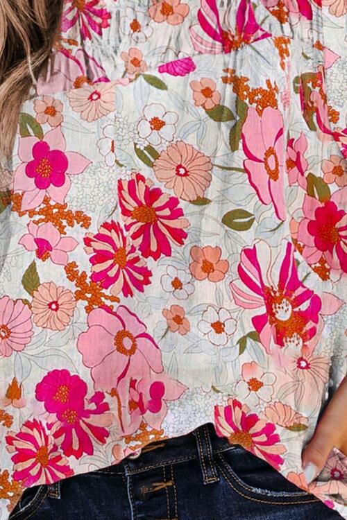 Floral Round Neck Balloon Sleeve Blouse - Ladyez