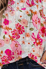 Floral Round Neck Balloon Sleeve Blouse - Ladyez