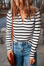 Double Take Striped Johnny Collar Long Sleeve Knit Top - Ladyez