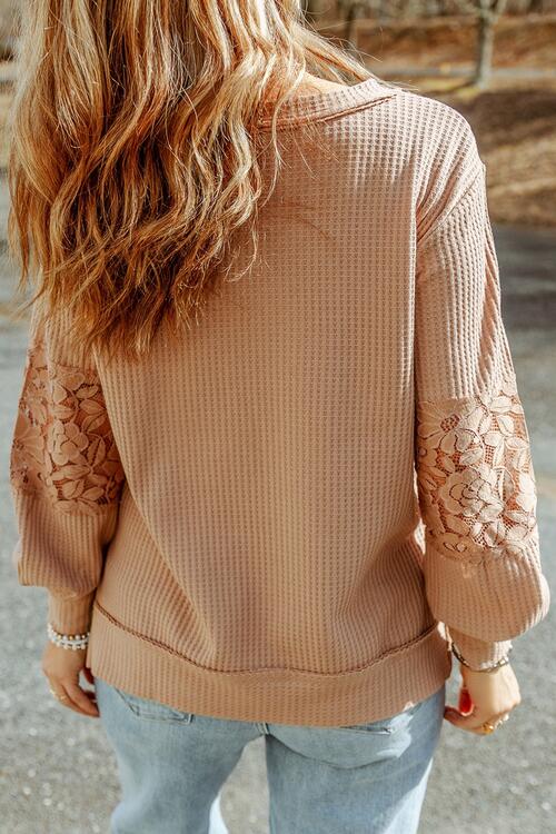 Plus Size Waffle -Knit V-Neck Long Sleeve Blouse - Ladyez