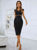Studded Spliced Mesh V-Neck Dress - Ladyez