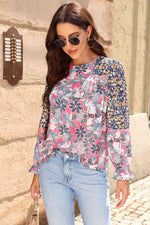 Floral Round Neck Flounce Sleeve Blouse - Ladyez