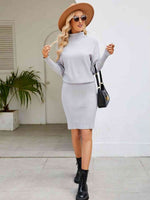 Turtle Neck Long Sleeve Ribbed Sweater Dress - Ladyez