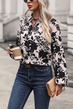 Printed Tie Neck Balloon Sleeve Blouse - Ladyez
