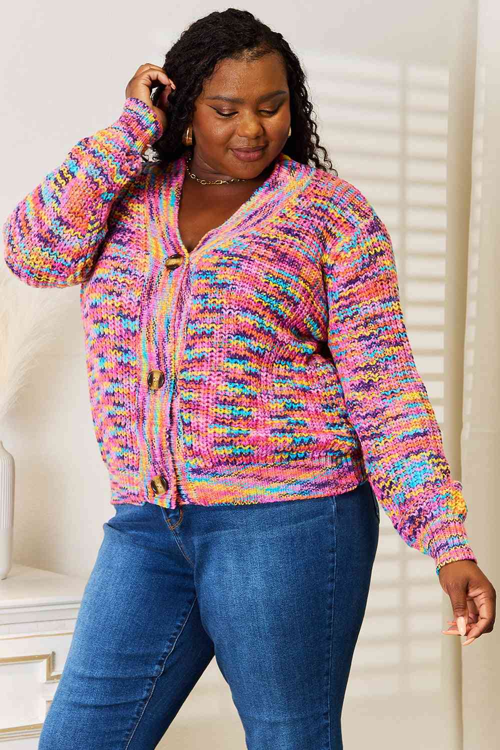 Woven Right V-Neck Long Sleeve Cardigan - Ladyez
