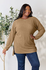 Basic Bae Full Size Ribbed Round Neck Long Sleeve Slit Top - Ladyez