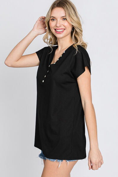 Heimish Full Size Front Button V-Neck Short Sleeve T-Shirt - Ladyez