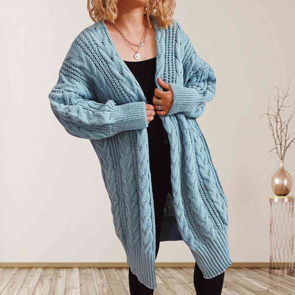 Cable-Knit Open Front Dropped Shoulder Cardigan - Ladyez