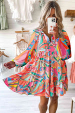 Printed Long Sleeve Tie Neck Mini Dress - Ladyez
