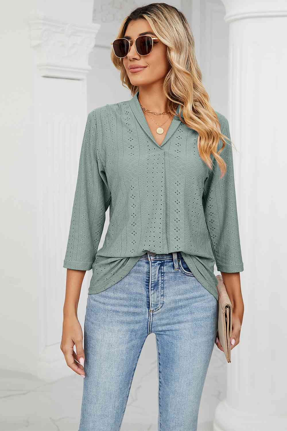 Eyelet Three-Quarter Sleeve Blouse - Ladyez