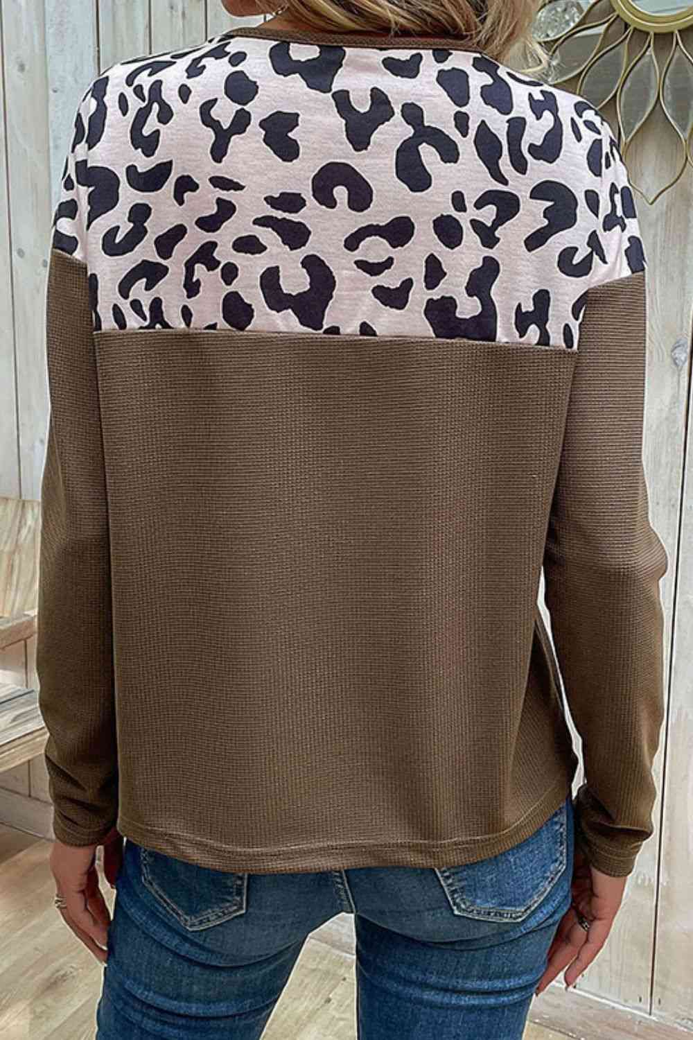 Leopard Buttoned Round Neck Drop Shoulder Top - Ladyez