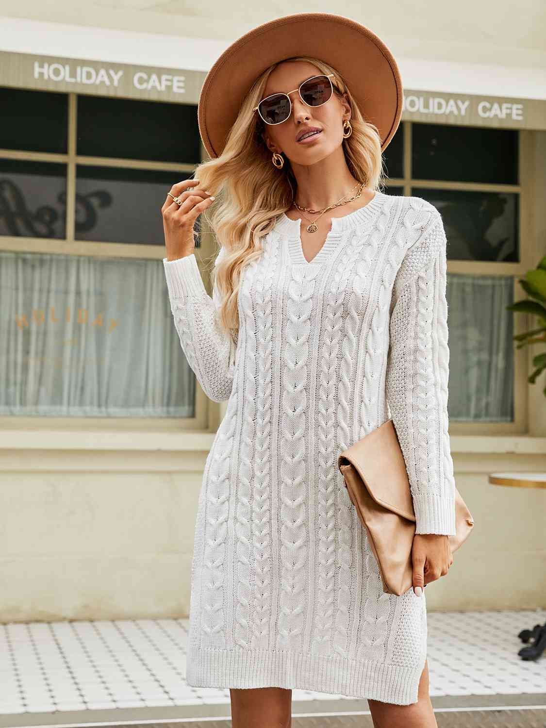Notched Neck Cable-Knit Slit Sweater Dress - Ladyez
