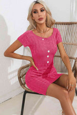 Decorative Button Round Neck Short Sleeve Sweater Dress - Ladyez
