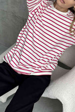 Round Neck Striped Dropped Shoulder T-Shirt - Ladyez
