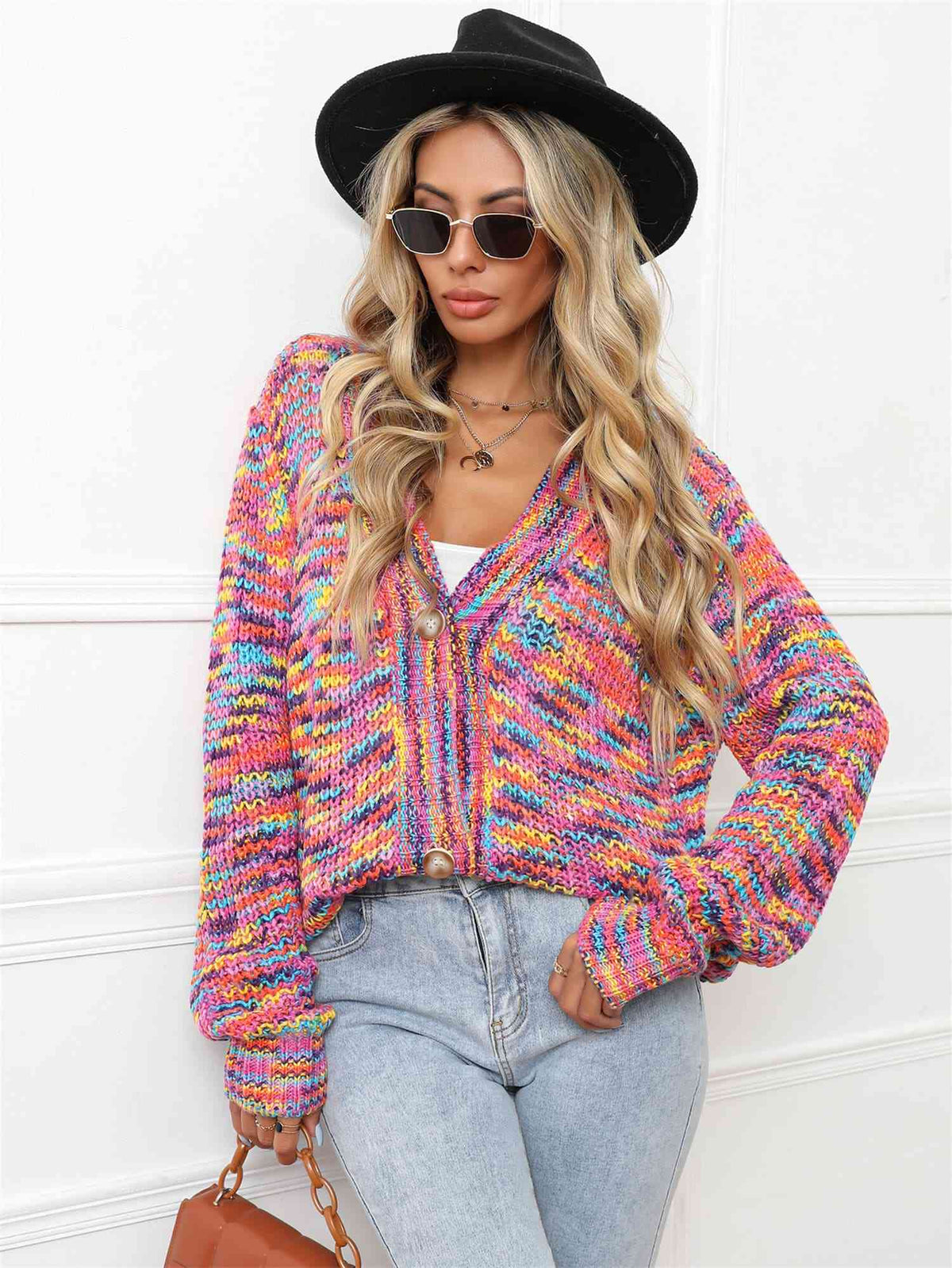 V-Neck Long Sleeve Cardigan - Ladyez