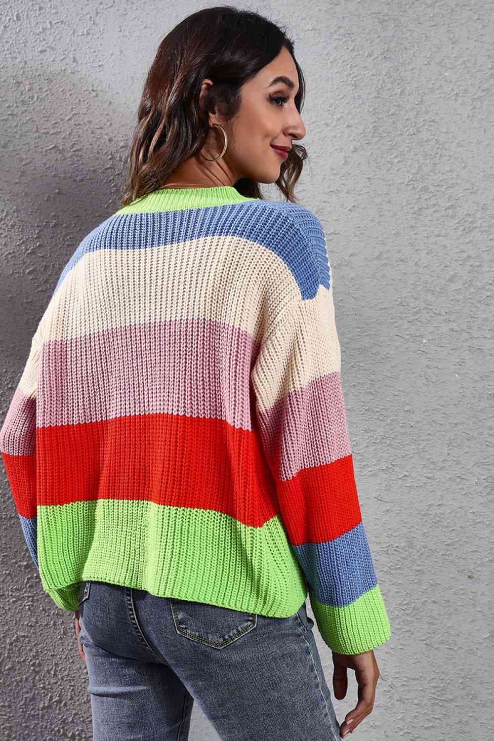 Color Block Button-Down Dropped Shoulder Cardigan - Ladyez