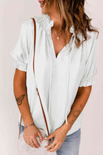 Smocked Frill Trim Flounce Sleeve Blouse - Ladyez