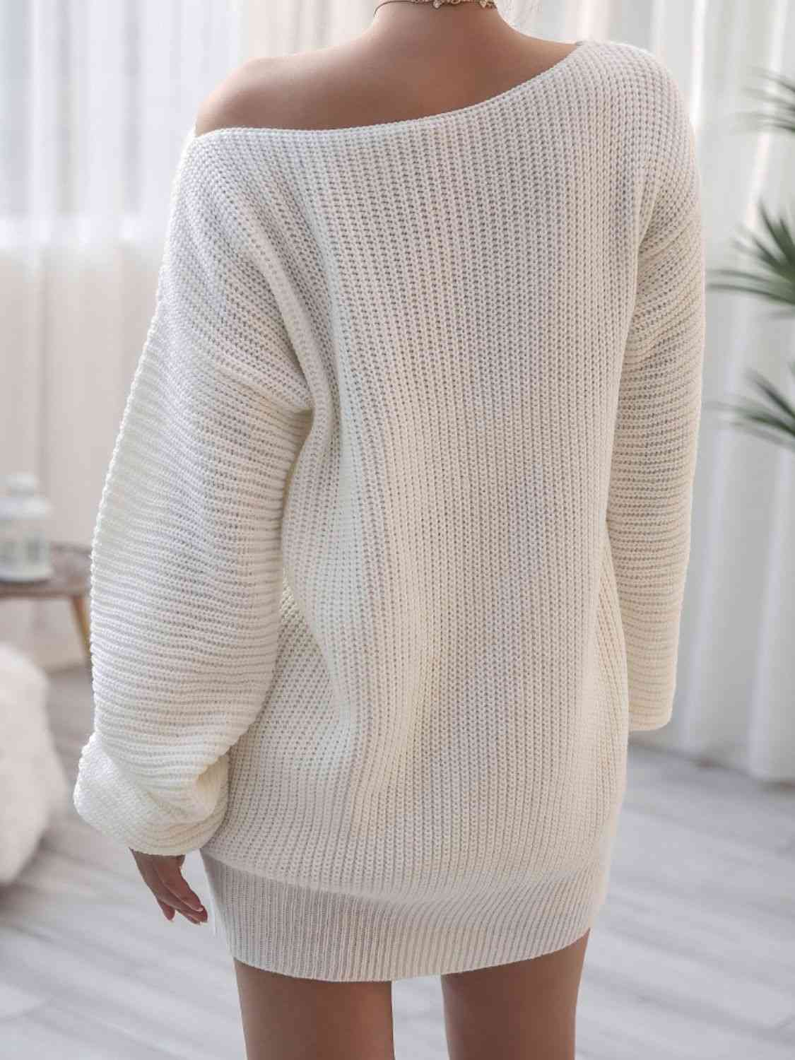 Rib-Knit Balloon Sleeve Boat Neck Sweater Dress - Ladyez