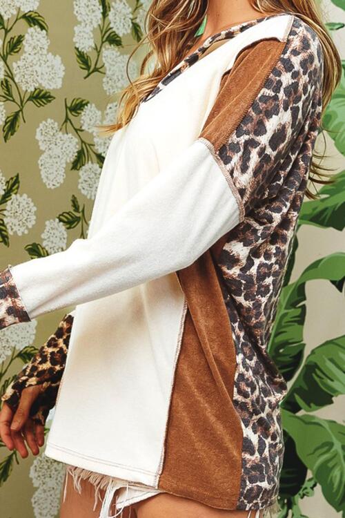 Leopard V-Neck Dropped Shoulder Blouse - Ladyez