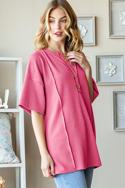 Heimish Full Size Ribbed Half Button Drop Shoulder Top - Ladyez