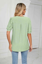 Eyelet Short Puff Sleeve Notched Neck Top - Ladyez