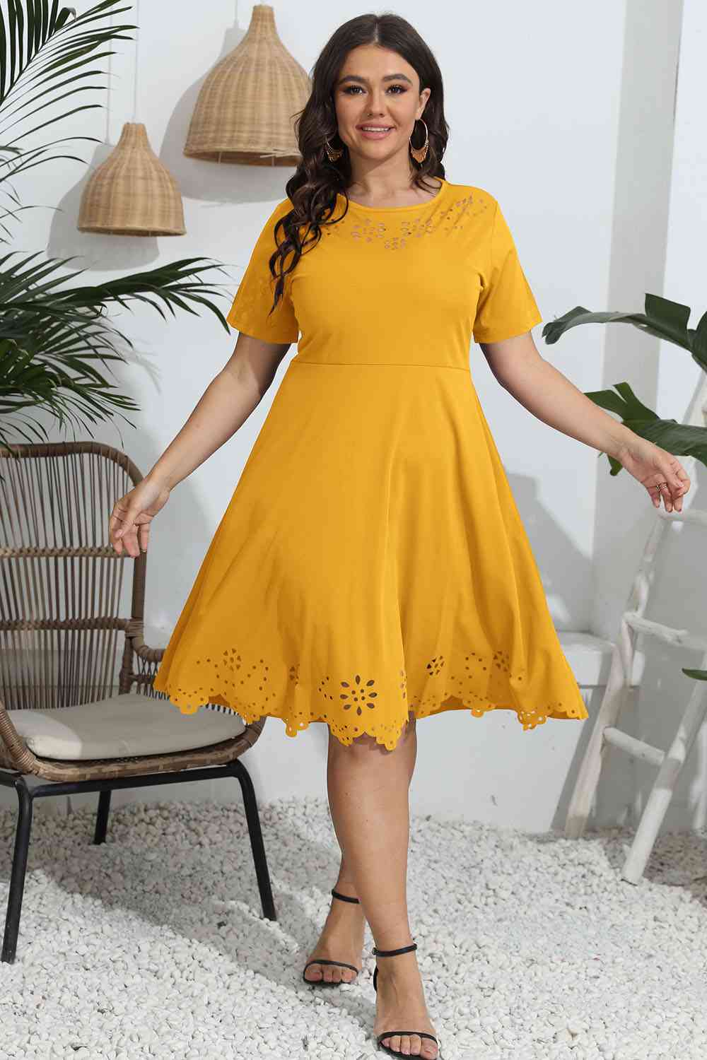 Plus Size Round Neck Openwork Dress - Ladyez