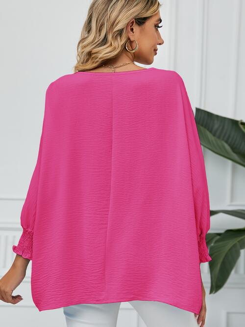 Smocked Lantern Sleeve Round Neck Blouse - Ladyez