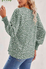 Printed V-Neck Smocked Lantern Sleeve Blouse - Ladyez
