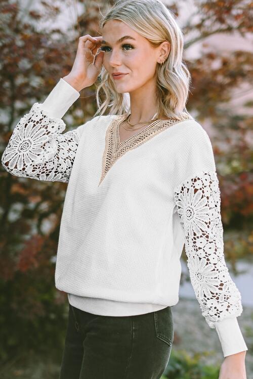 V-Neck Crochet Long Sleeve Blouse - Ladyez