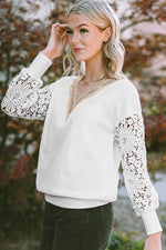 V-Neck Crochet Long Sleeve Blouse - Ladyez