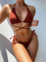 Textured Halter Neck Tie Side Bikini Set - Ladyez