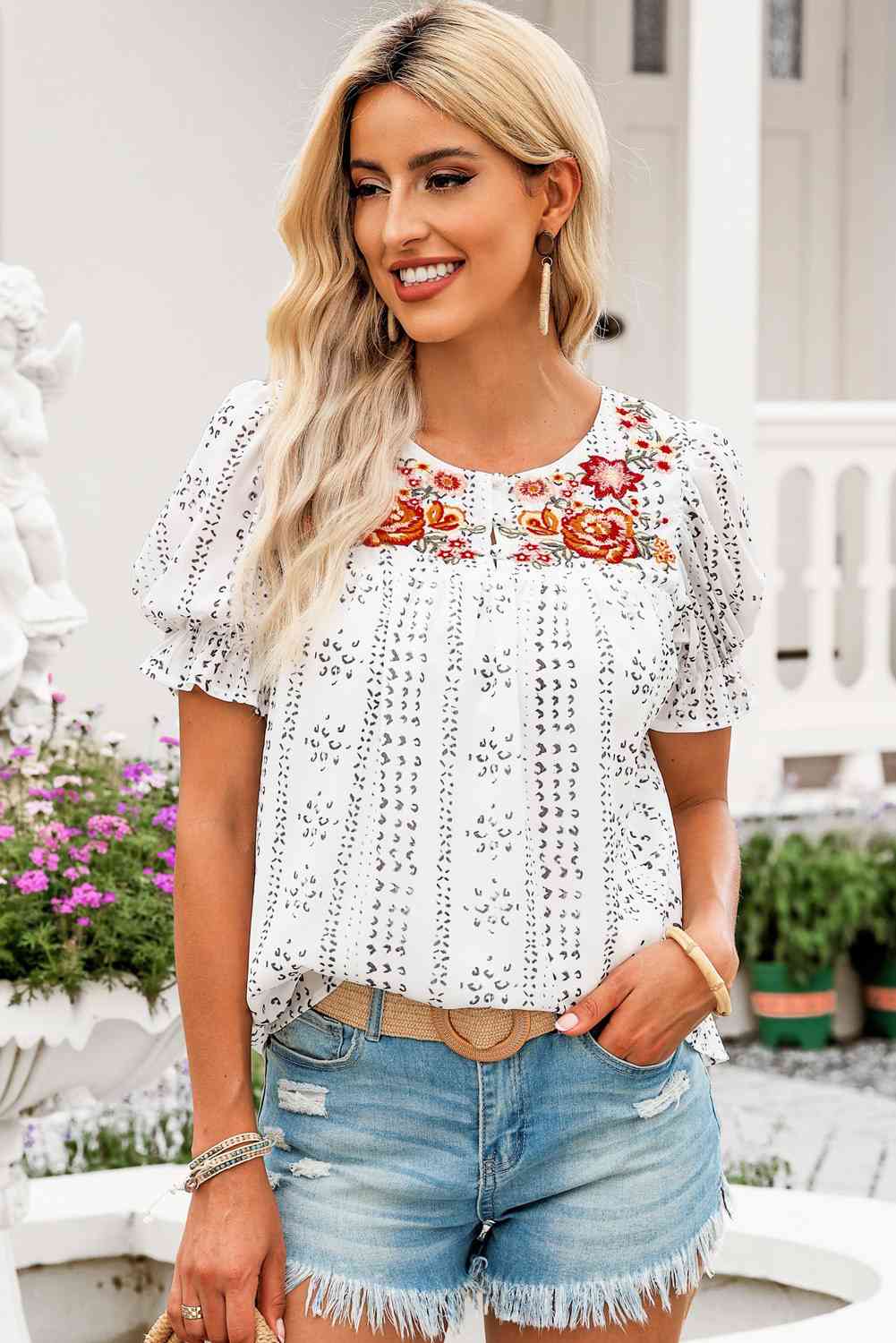 Embroidered Round Neck Flounce Sleeve Blouse - Ladyez