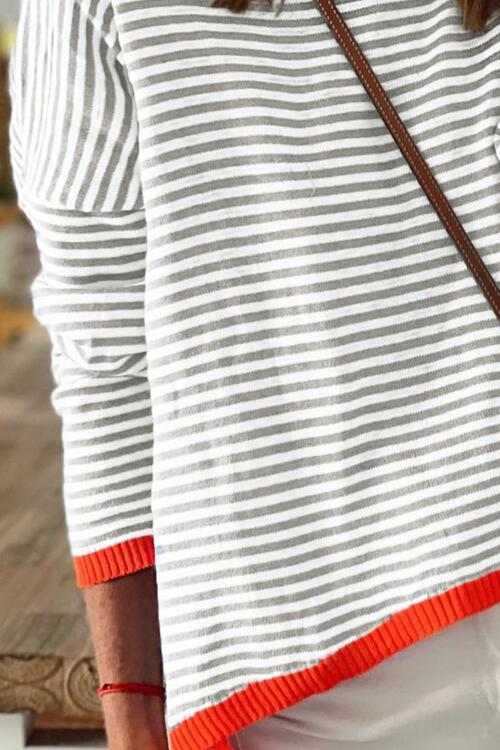 Striped Round Neck Drop Shoulder T-Shirt - Ladyez