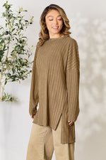 Basic Bae Full Size Ribbed Round Neck Long Sleeve Slit Top - Ladyez
