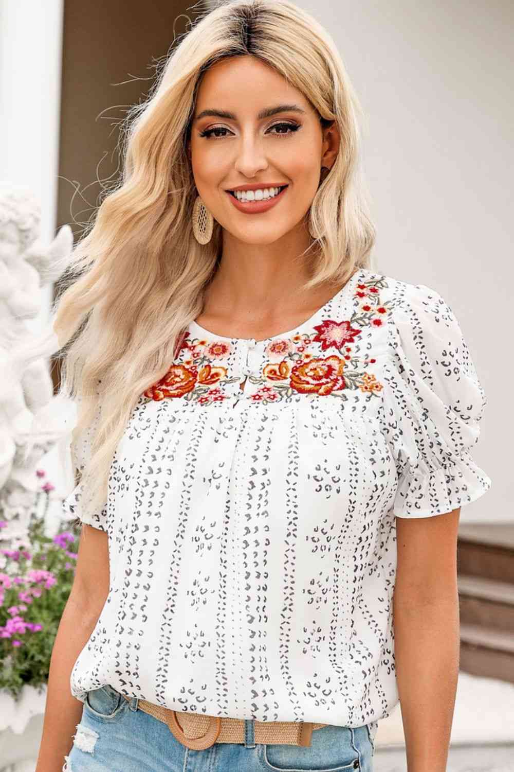 Embroidered Round Neck Flounce Sleeve Blouse - Ladyez