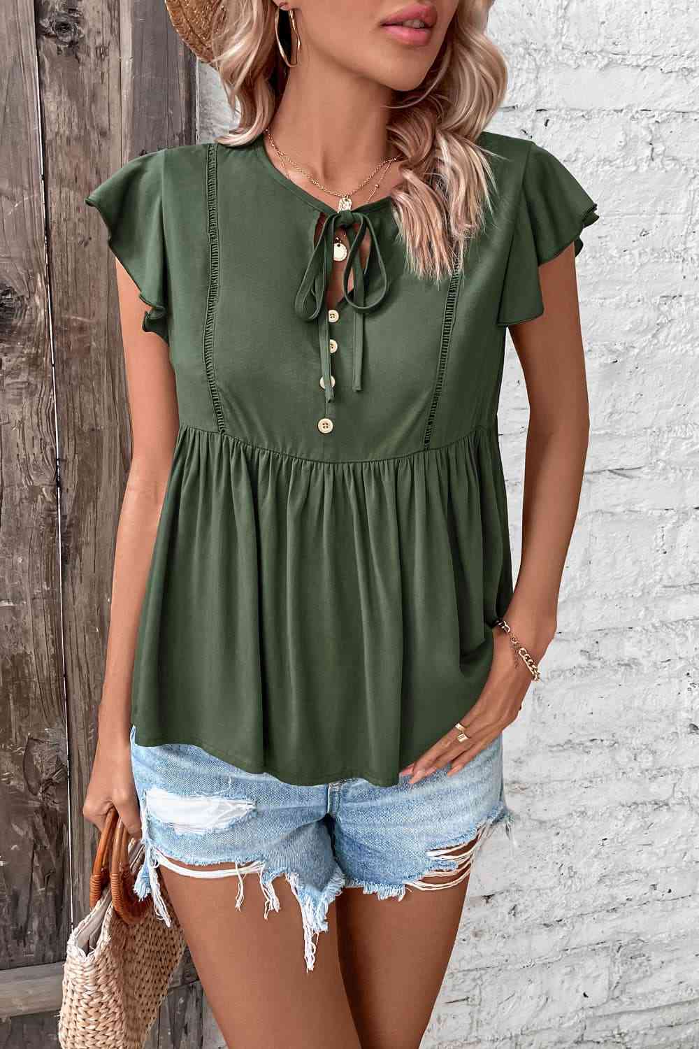 Buttoned Tie Neck Flutter Sleeve Babydoll Top - Ladyez