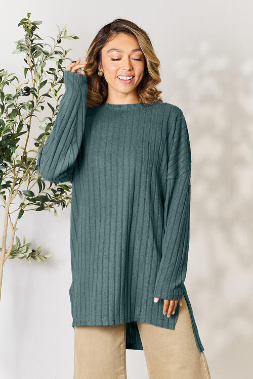 Basic Bae Full Size Ribbed Round Neck Long Sleeve Slit Top - Ladyez