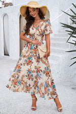 Smocked Floral V-Neck Short Sleeve Dress - Ladyez