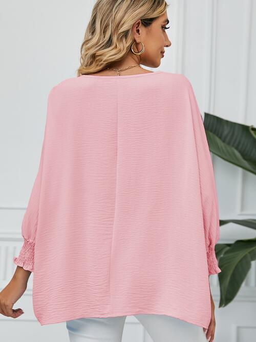 Smocked Lantern Sleeve Round Neck Blouse - Ladyez
