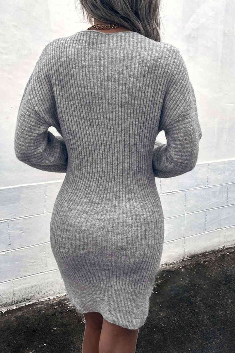 Ribbed Long Sleeve Sweater Dress - Ladyez