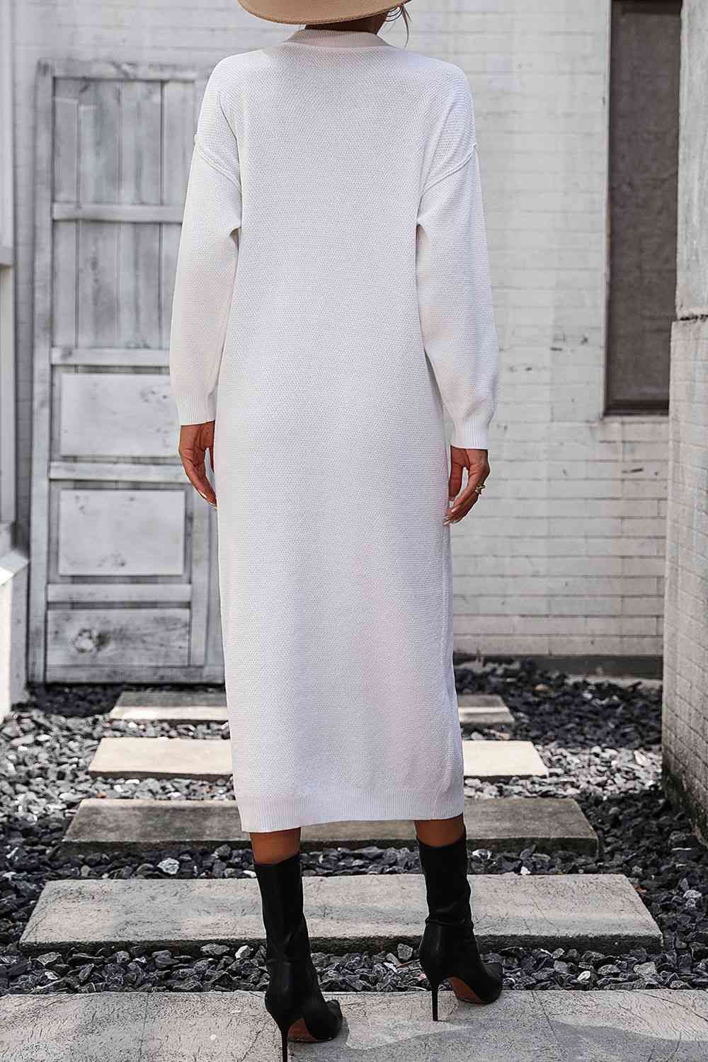 Notched Neck Dropped Shoulder Button-Down Midi Dress - Ladyez