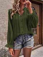 Notched Neck Flounce Sleeve Shirt - Ladyez